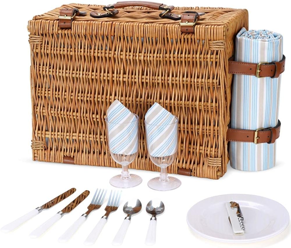 Picnic Basket Set for 2 Persons, Willow Hamper with Insulated Cooler Compartment, Waterproof Blanket and Cutlery Service Kit, Classical Brown Y347121