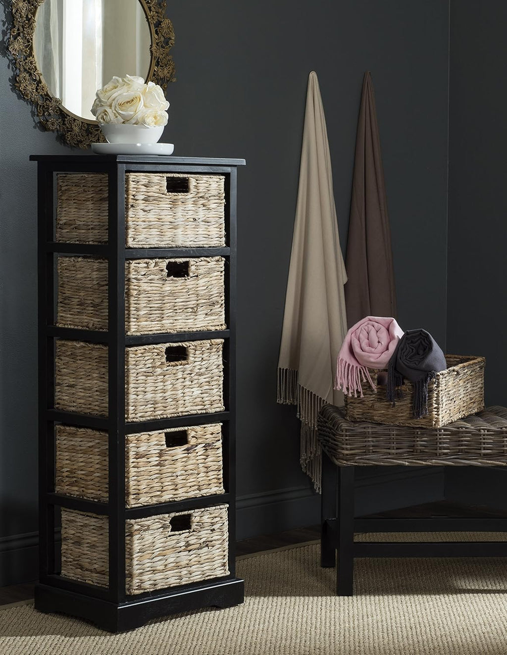 Black Wicker Basket Storage Tower I58287