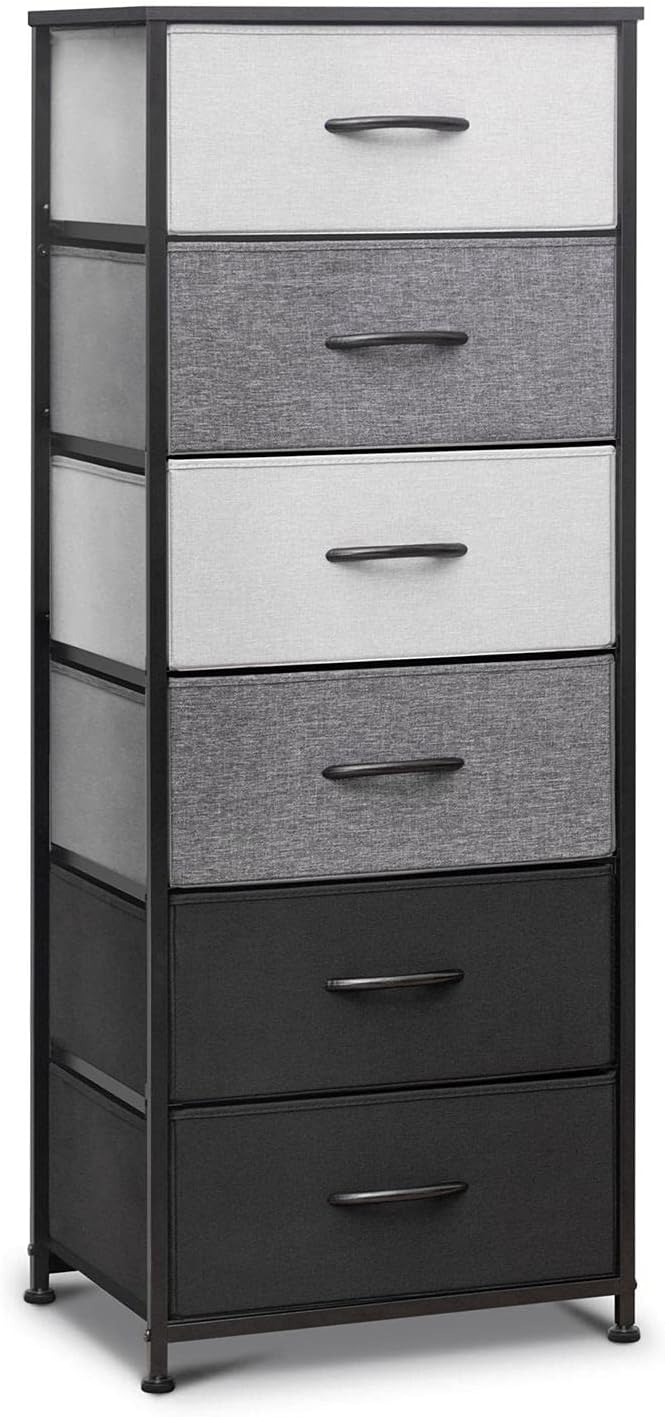 Gray Fabric 6 Drawer Vertical Storage Tower with Metal Frame and Wooden Top A9919