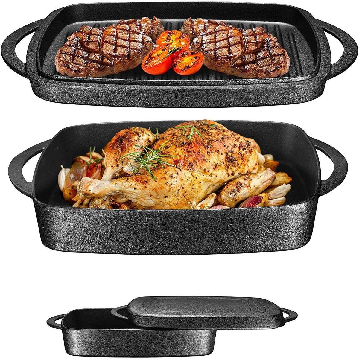Fire Red Enameled Cast Iron Square Casserole Baking Pan with Griddle Lid H66149