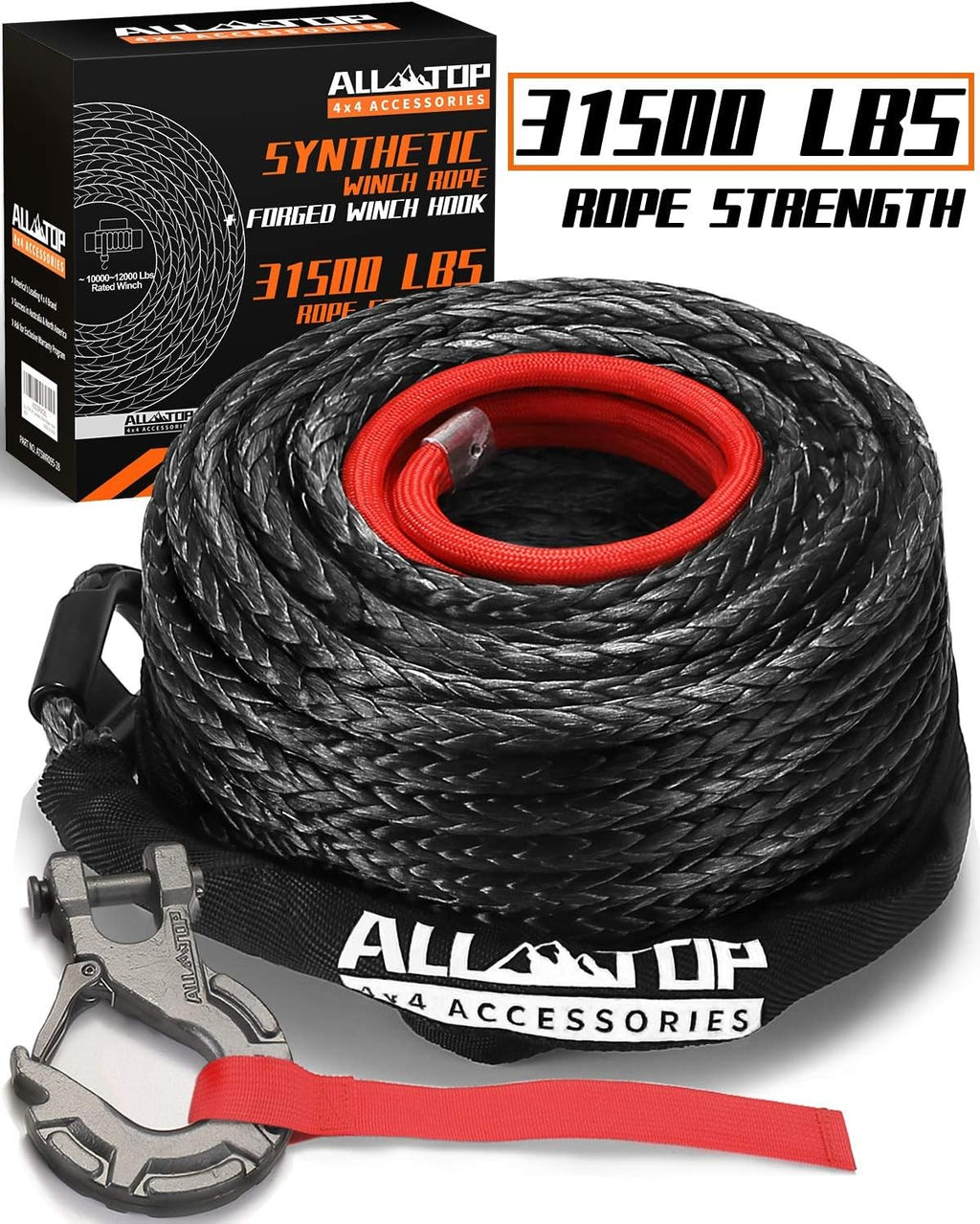 Synthetic Winch Rope Cable Kit with Protective Sleeve, Forged Winch Hook, Safety Pull Strap T631