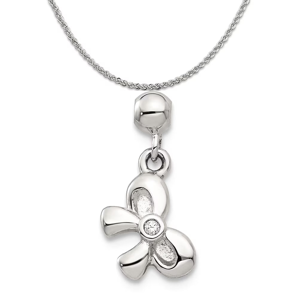 Sterling Silver Created Crystal Bow Charm Pendant with Rope Chain Necklace 20'' Z43312