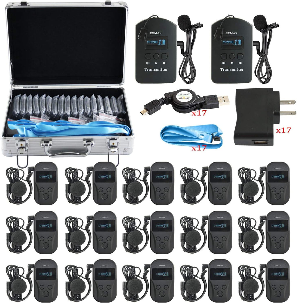 2.4GHz Wireless Audio Tour Guide System - 2 Transmitters 15 Receivers & Silver Storage Case A749262