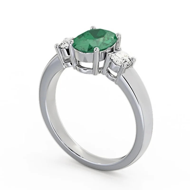 Oval Cut Emerald Three Stone Ring 14K White Gold Size 4 G911