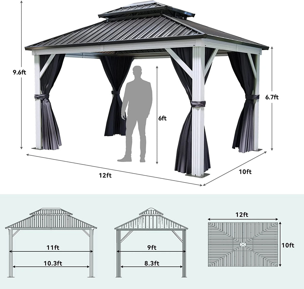 10x12ft Hardtop White Gazebo Double Roof Canopy Galvanized Iron Aluminum Frame with Netting and Shaded Curtains X220509