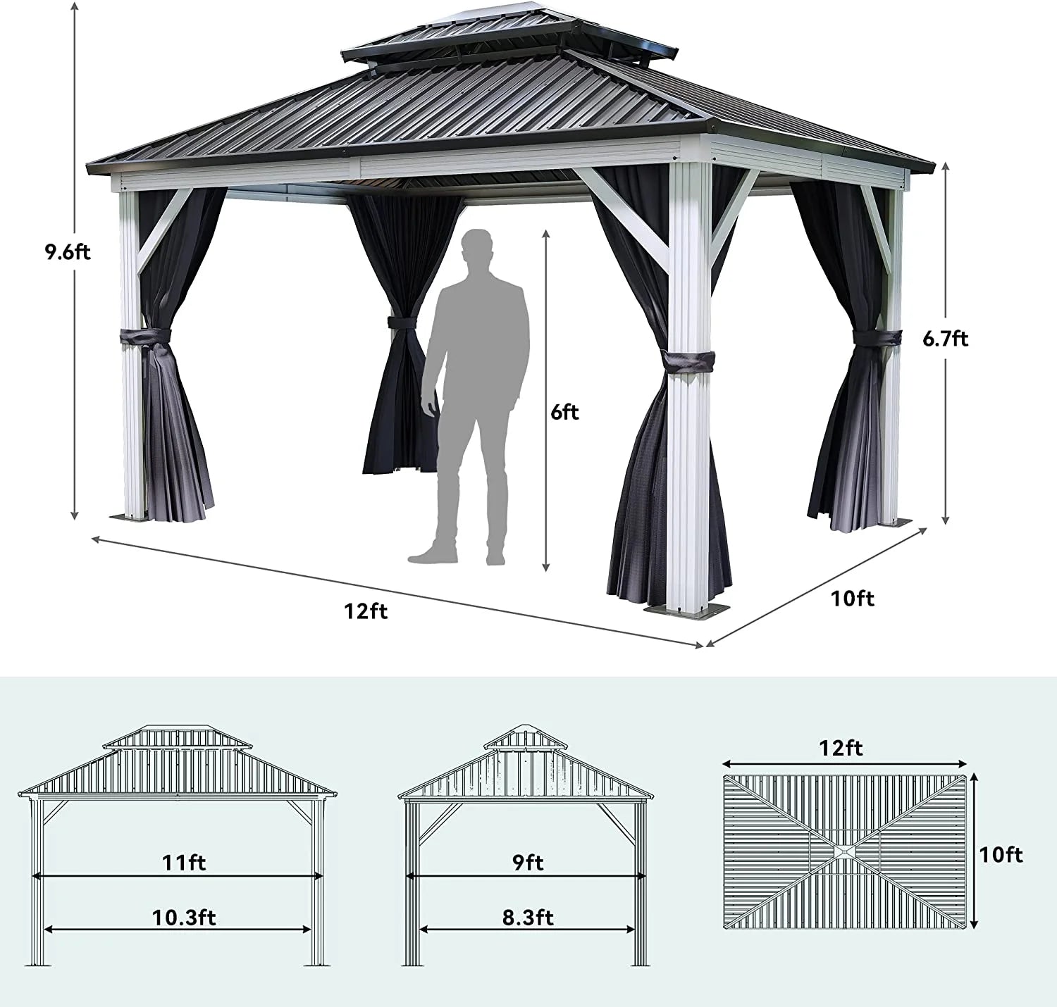 10x12ft Hardtop White Gazebo Double Roof Canopy Galvanized Iron Aluminum Frame with Netting and Shaded Curtains X220509