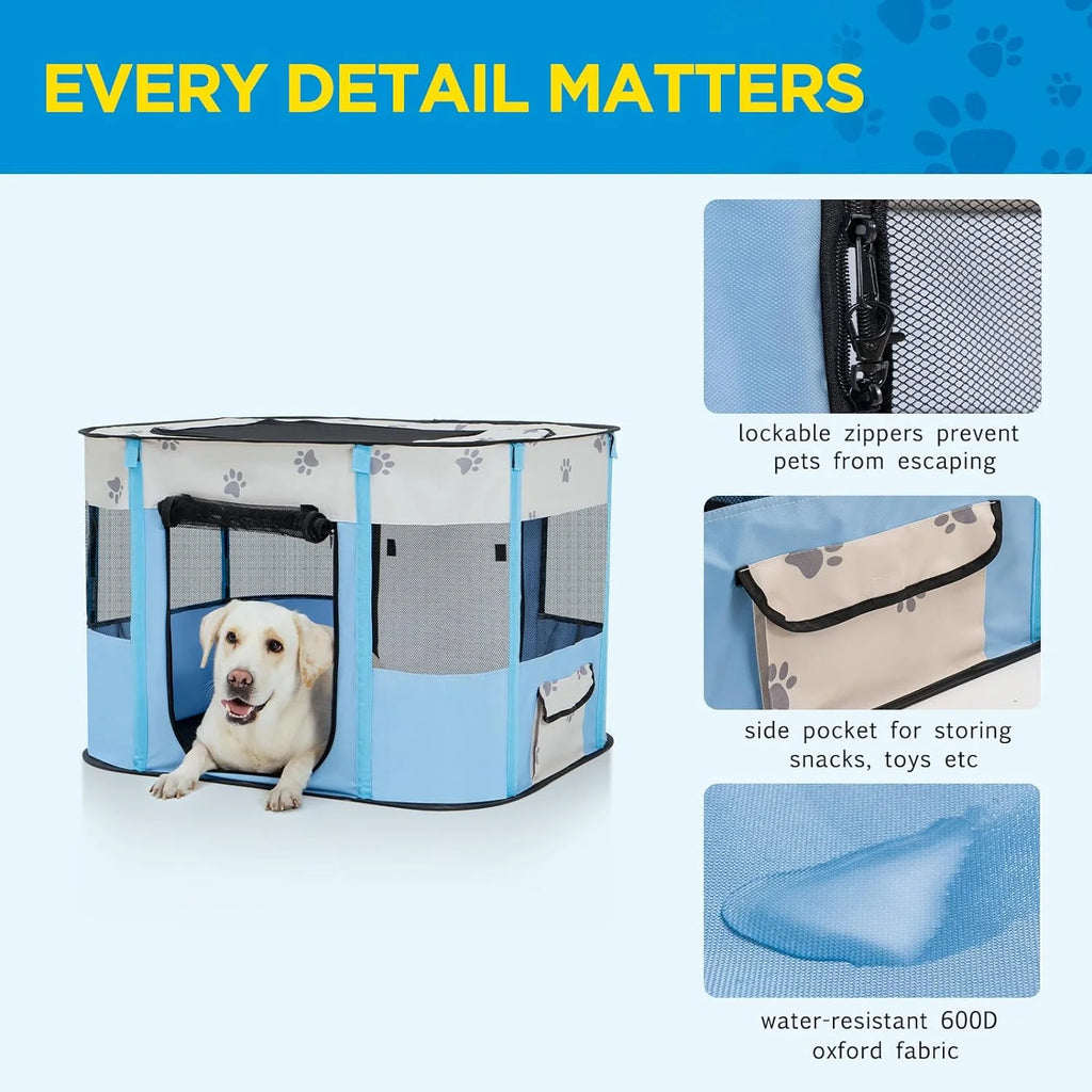 Blue Foldable Pop Up Pet Playpen with Floor and Mesh Door F63890
