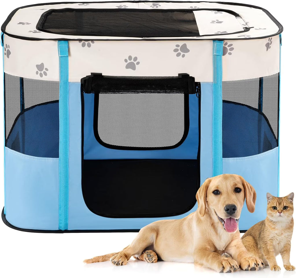 Blue Foldable Pop Up Pet Playpen with Floor and Mesh Door F63890