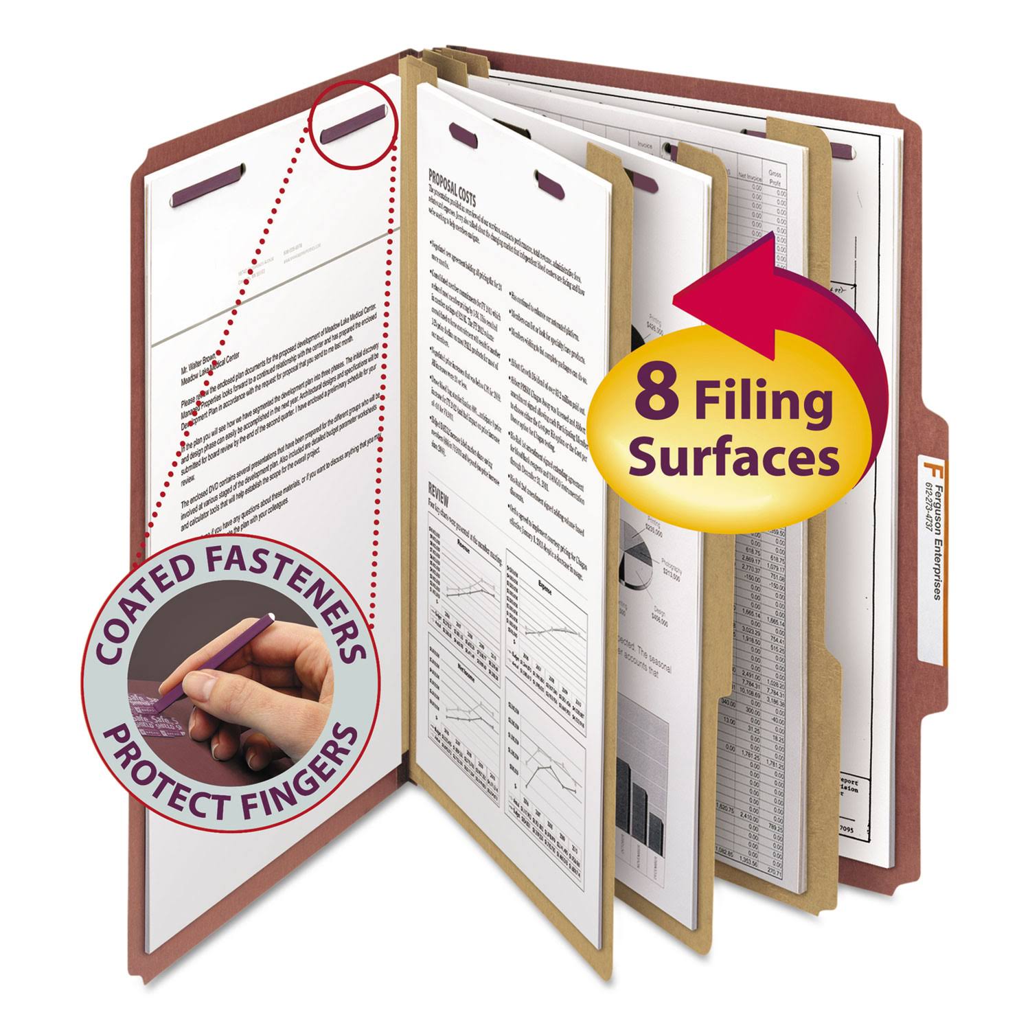 Red Legal Size Pressboard Classification Folders with Fasteners, 3 Dividers, 10/Box P494