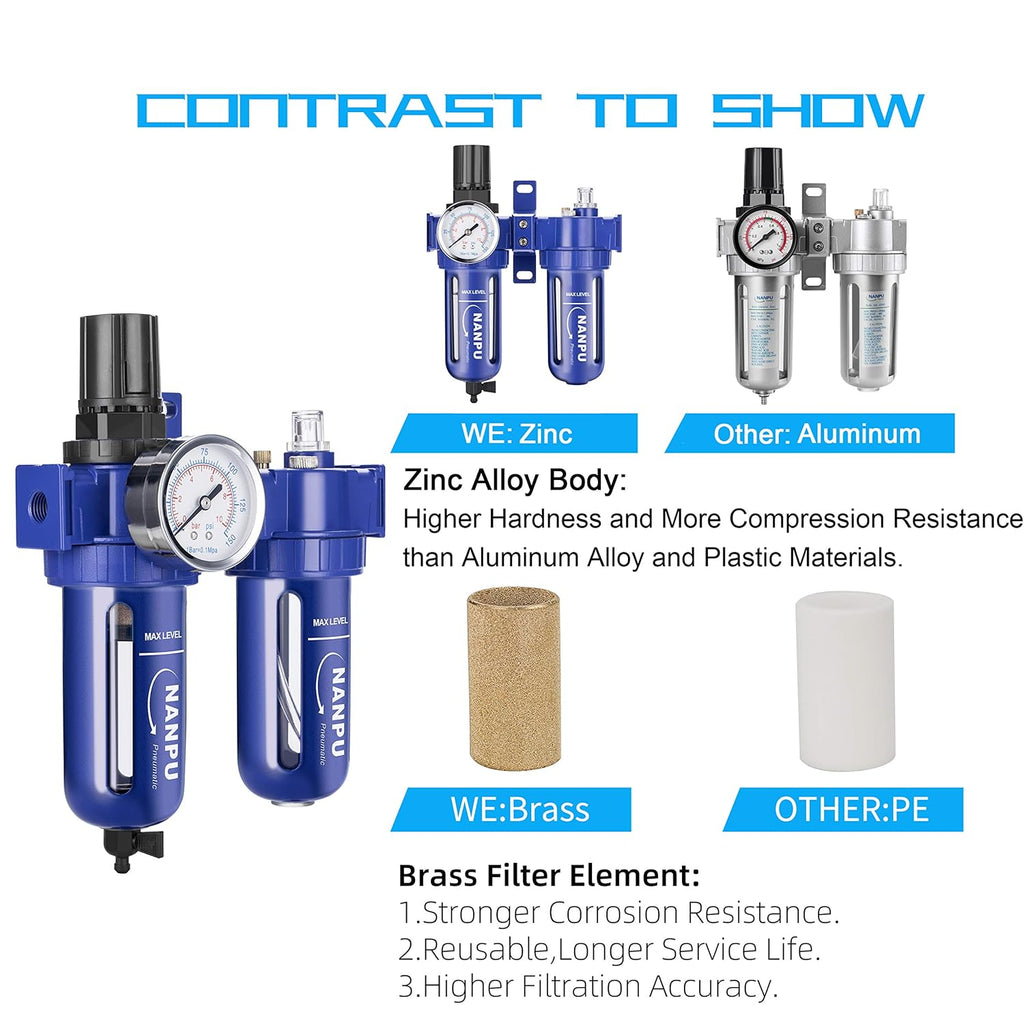 1/4 NPT Compressed Air Filter Regulator Lubricator, Zinc Alloy, 5 Micron Brass Element, 0-150 psi Gauge, Manual Drain D86422