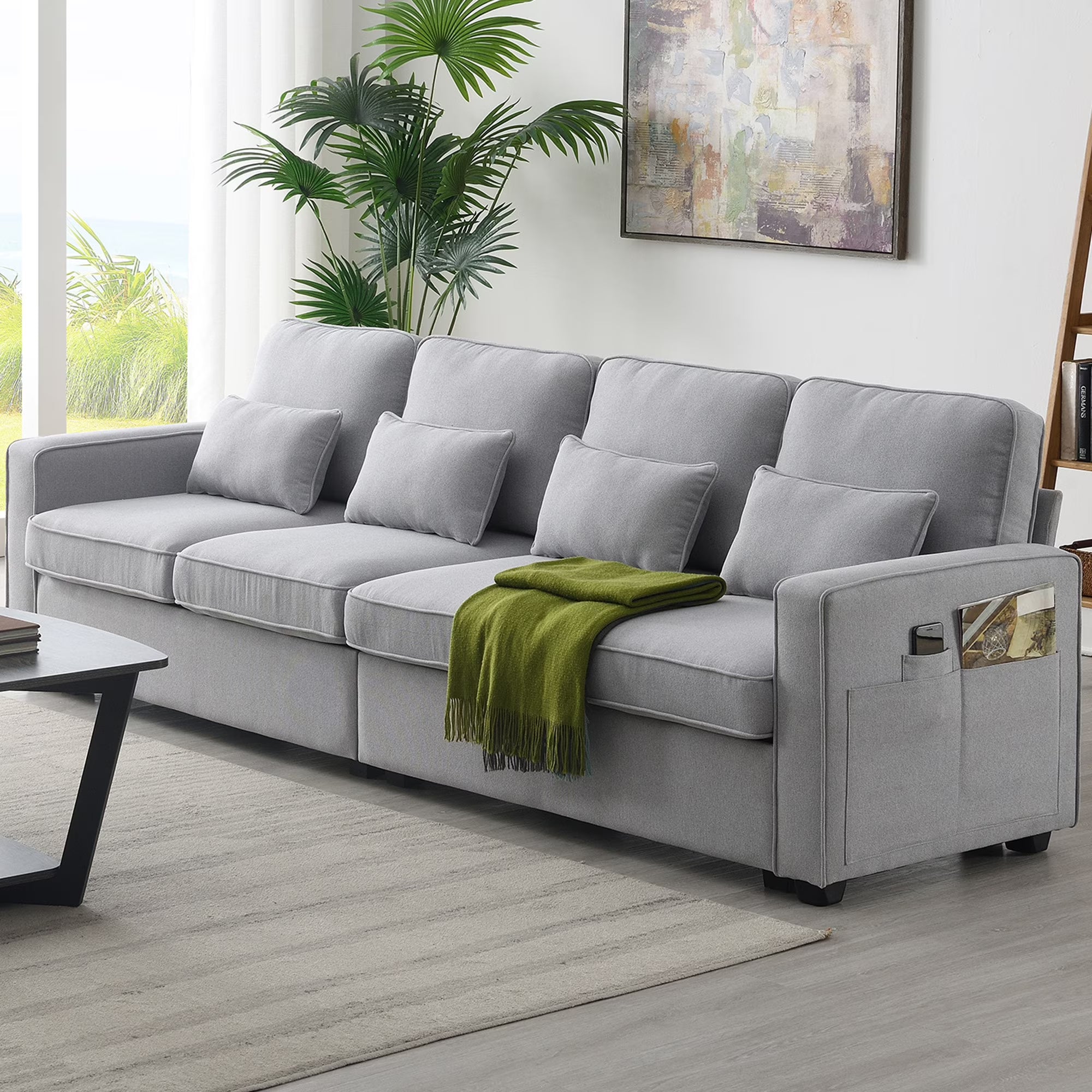 Light Grey 4-Seater Linen Fabric Sofa with 4 Pillows Z17171