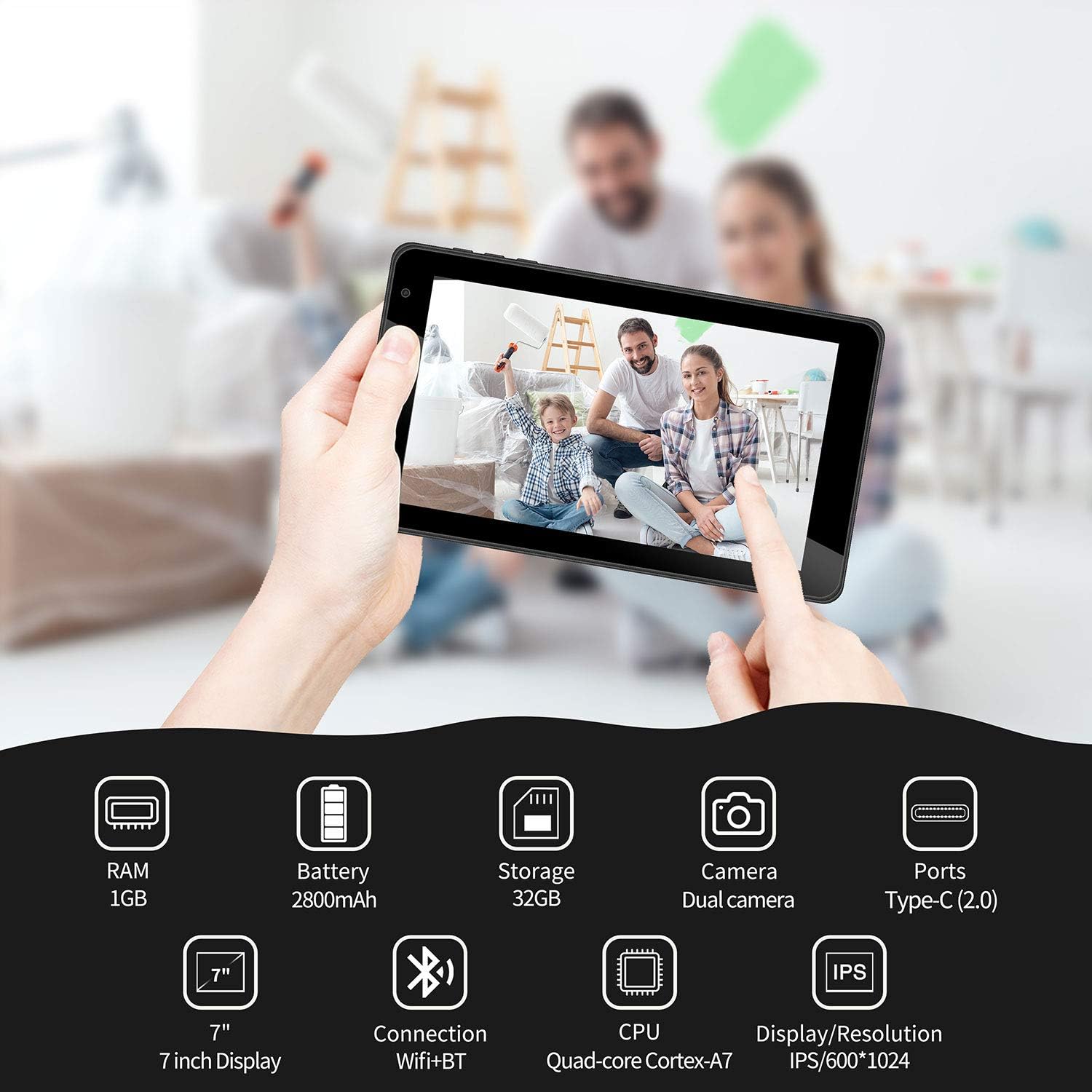 7 inch Android Tablet, Quad-Core 1.4GHz Processor, 32GB Storage, Dual Camera, 1024x600 IPS HD Display, 128GB Expand, WiFi, Pack of 2 N7578
