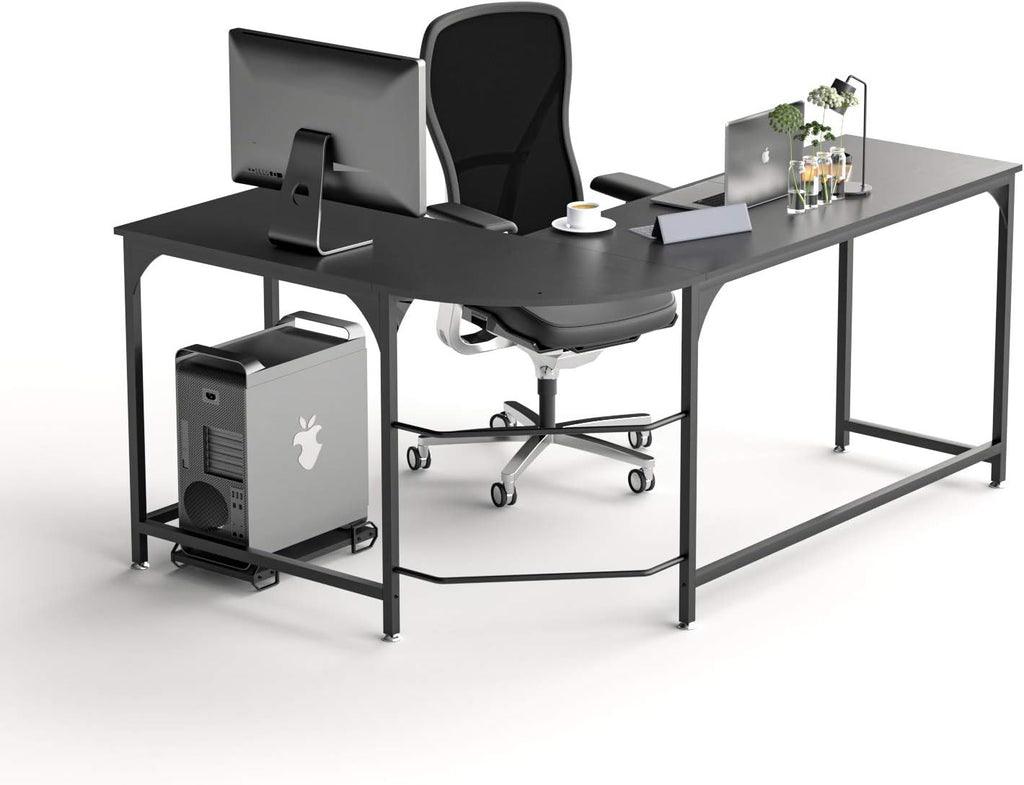Reversible L Shaped Desk Corner Computer Desk with Webcam Wood Metal Teak Black P10921