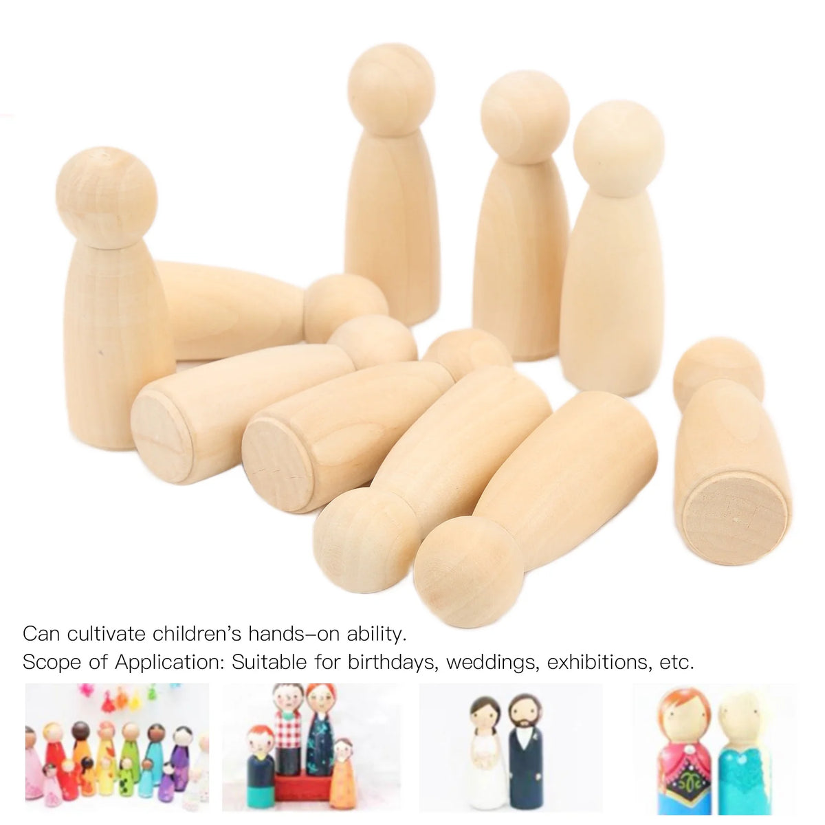 10Pcs Unfinished Wooden Peg Dolls for Kids DIY Craft 75mm / 3.0in H573532
