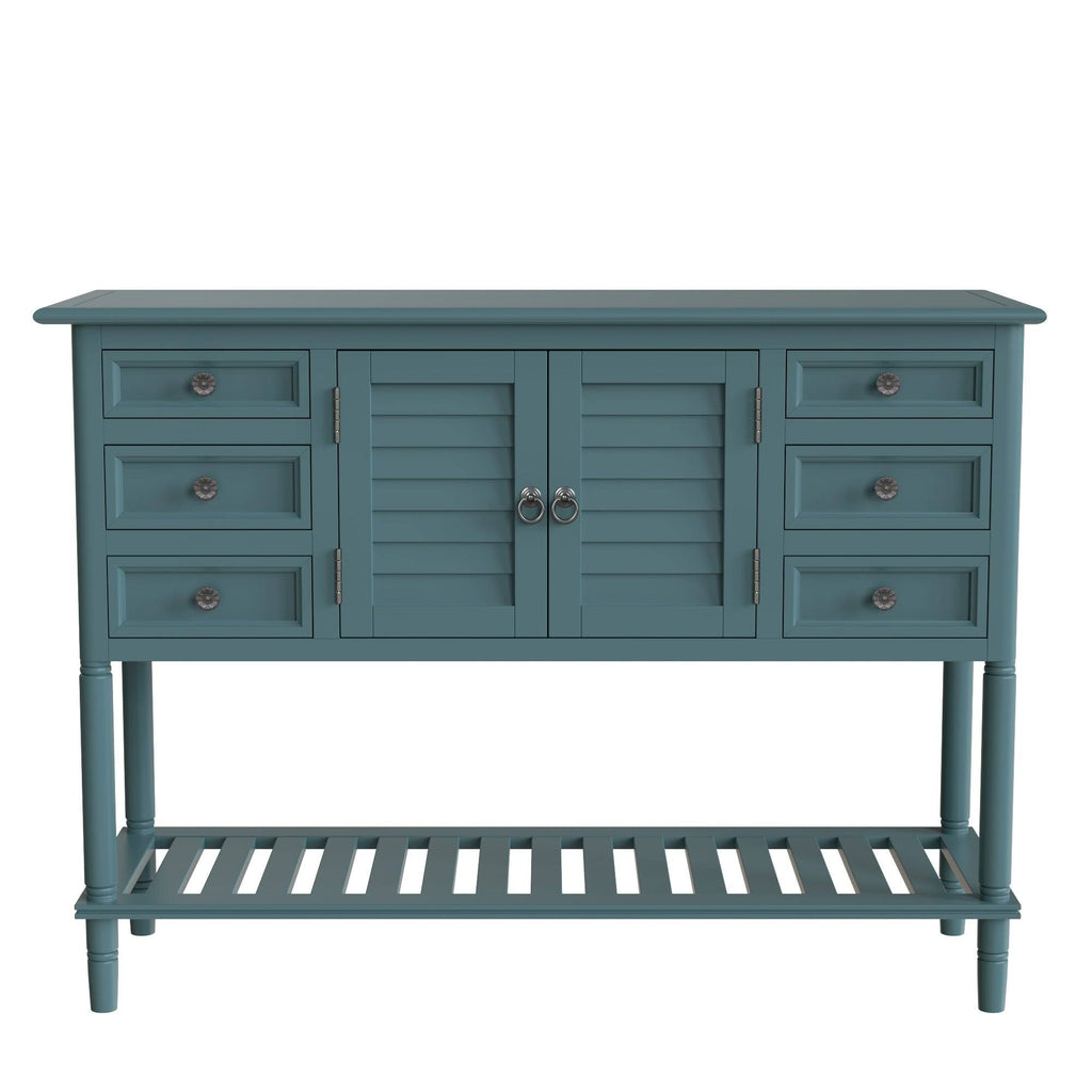 Green Wood Console Table with 6 Drawer and 1 Cabinet and 1 Shelf Q30119