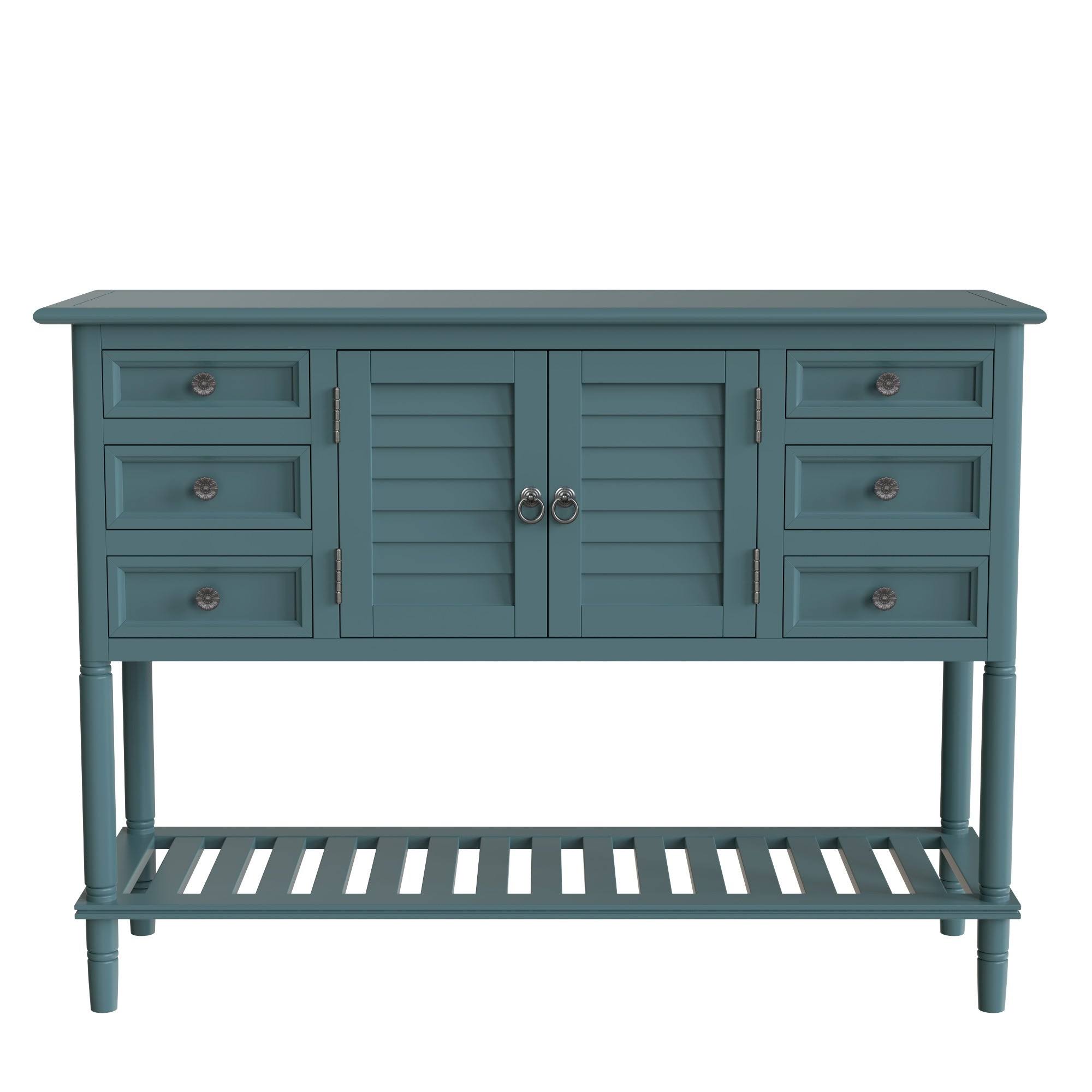 Green Wood Console Table with 6 Drawer and 1 Cabinet and 1 Shelf Q30119