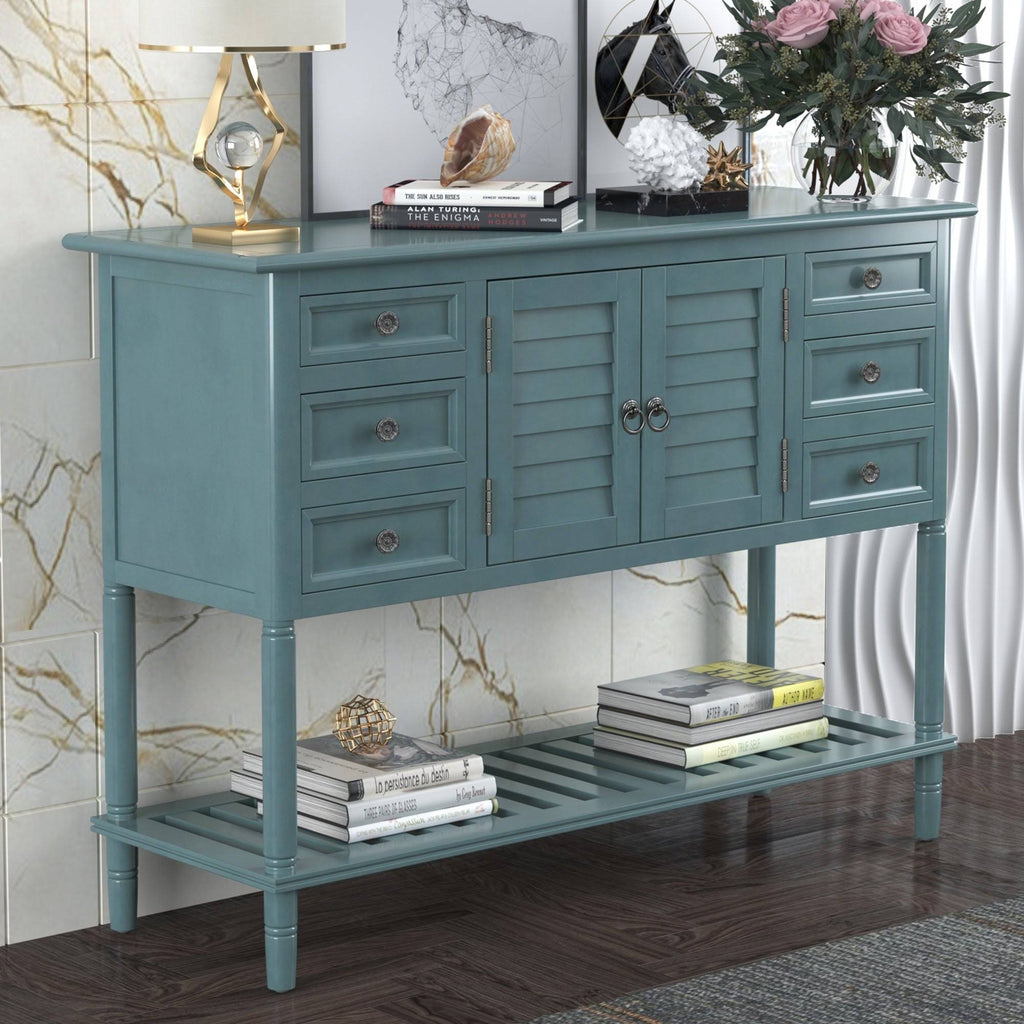 Green Wood Console Table with 6 Drawer and 1 Cabinet and 1 Shelf Q30119