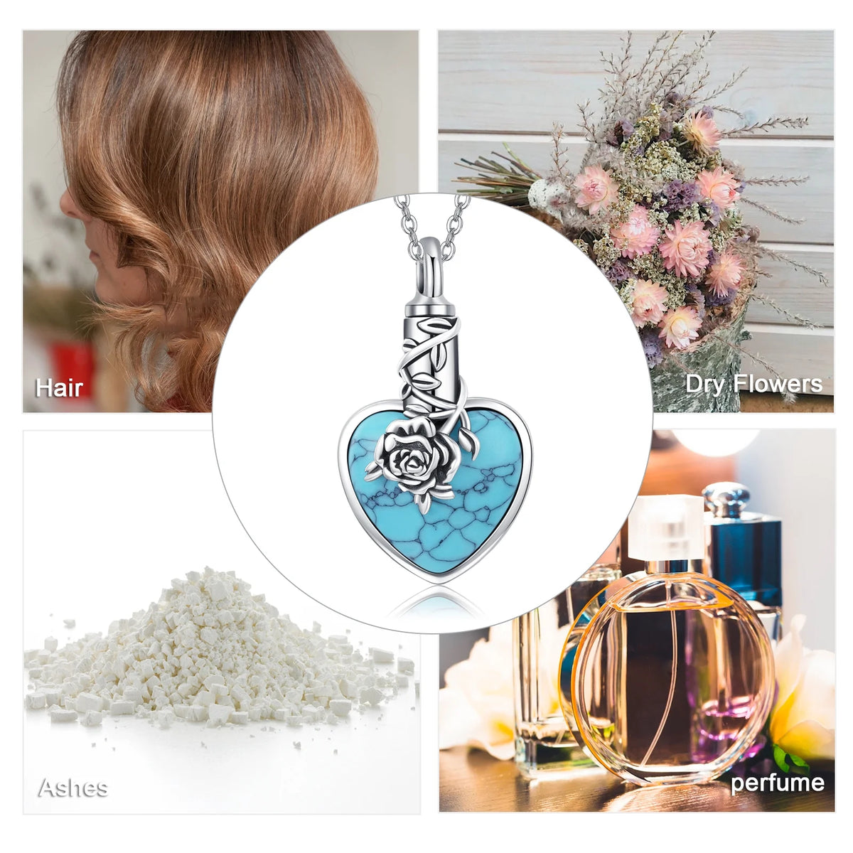Natural Turquoise Urn Necklace Sterling Silver Heart Pendant Necklaces for Ashes A12170