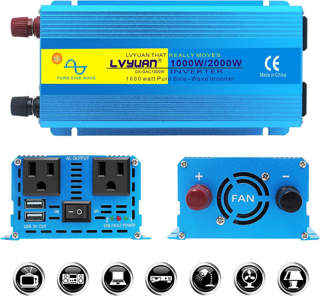 4000W Pure Sine Wave Power Inverter 12V DC to 110V 120V AC with 4 AC Outlets and 3.1A USB Port W651