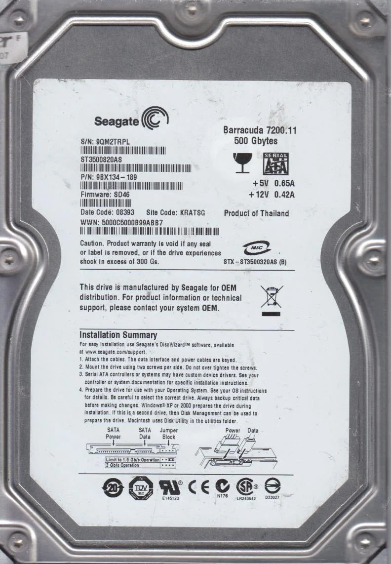 500GB SATA 3.5 Hard Drive E663769
