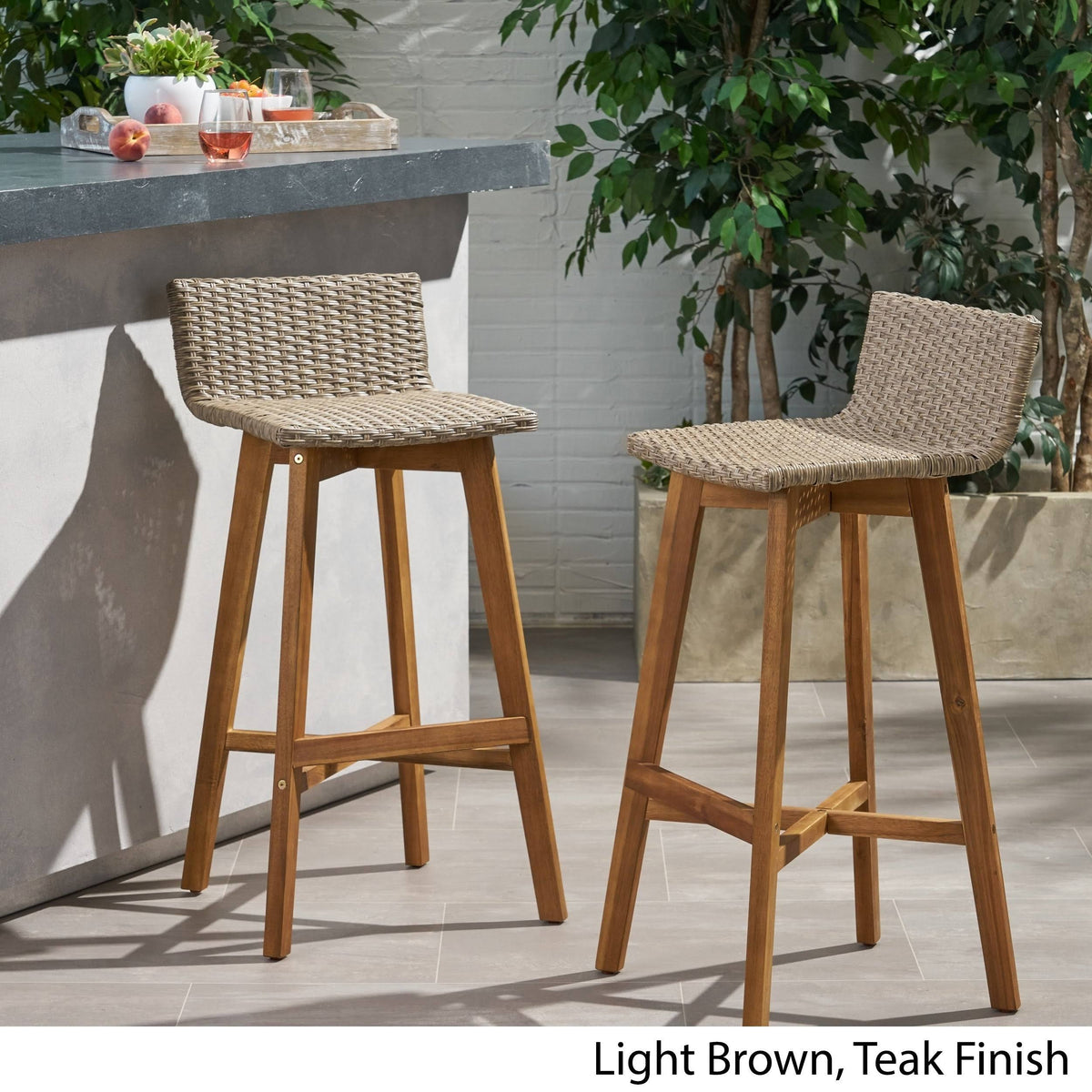2pk Acacia Wood Wicker Patio Barstools Brown J35231