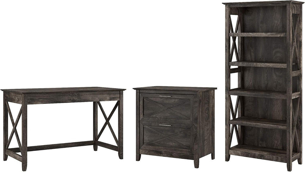 48W Dark Gray Hickory Writing Desk with 2 Drawer Lateral File Cabinet and 5 Shelf Bookcase X159607