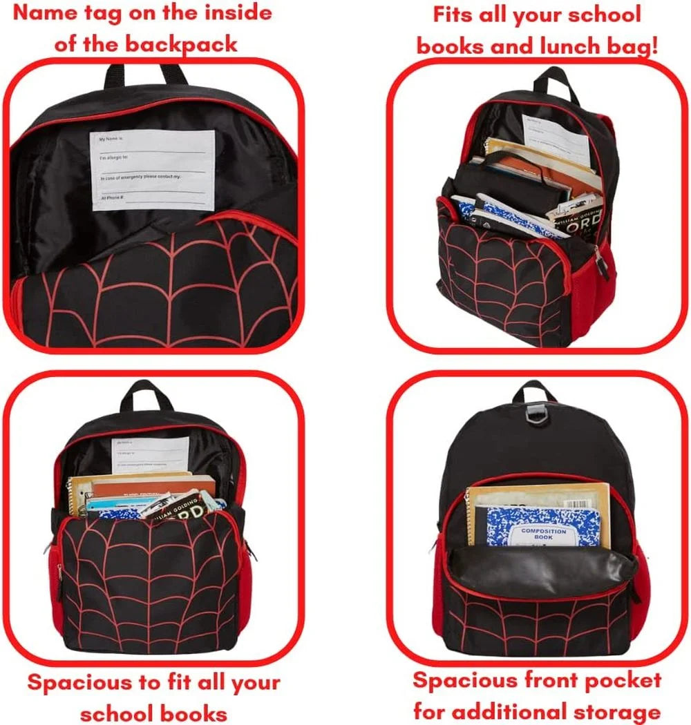 16 inch Red Black Spiderweb Backpack with Lunch Box and Water Bottle C8646
