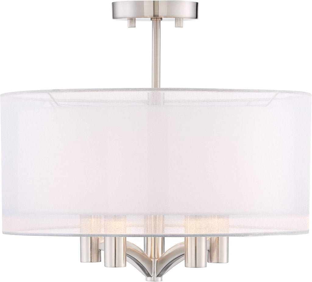 Semi Flush Mount Ceiling Light Brushed Nickel 18 Wide 5-Light White Linen Double Drum Shade R401104