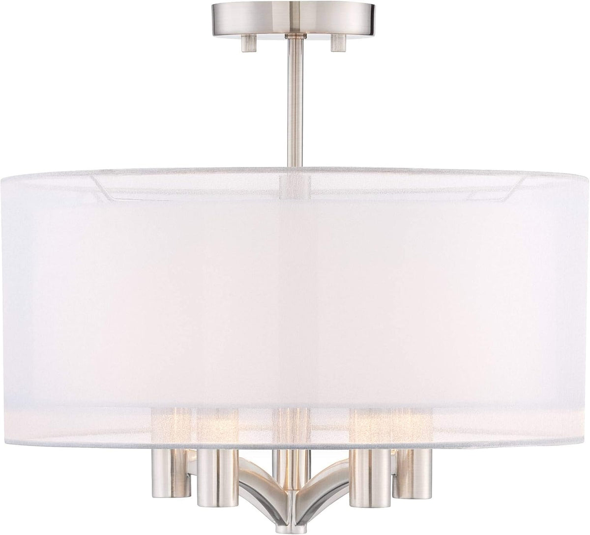 Semi Flush Mount Ceiling Light Brushed Nickel 18 Wide 5-Light White Linen Double Drum Shade R401104