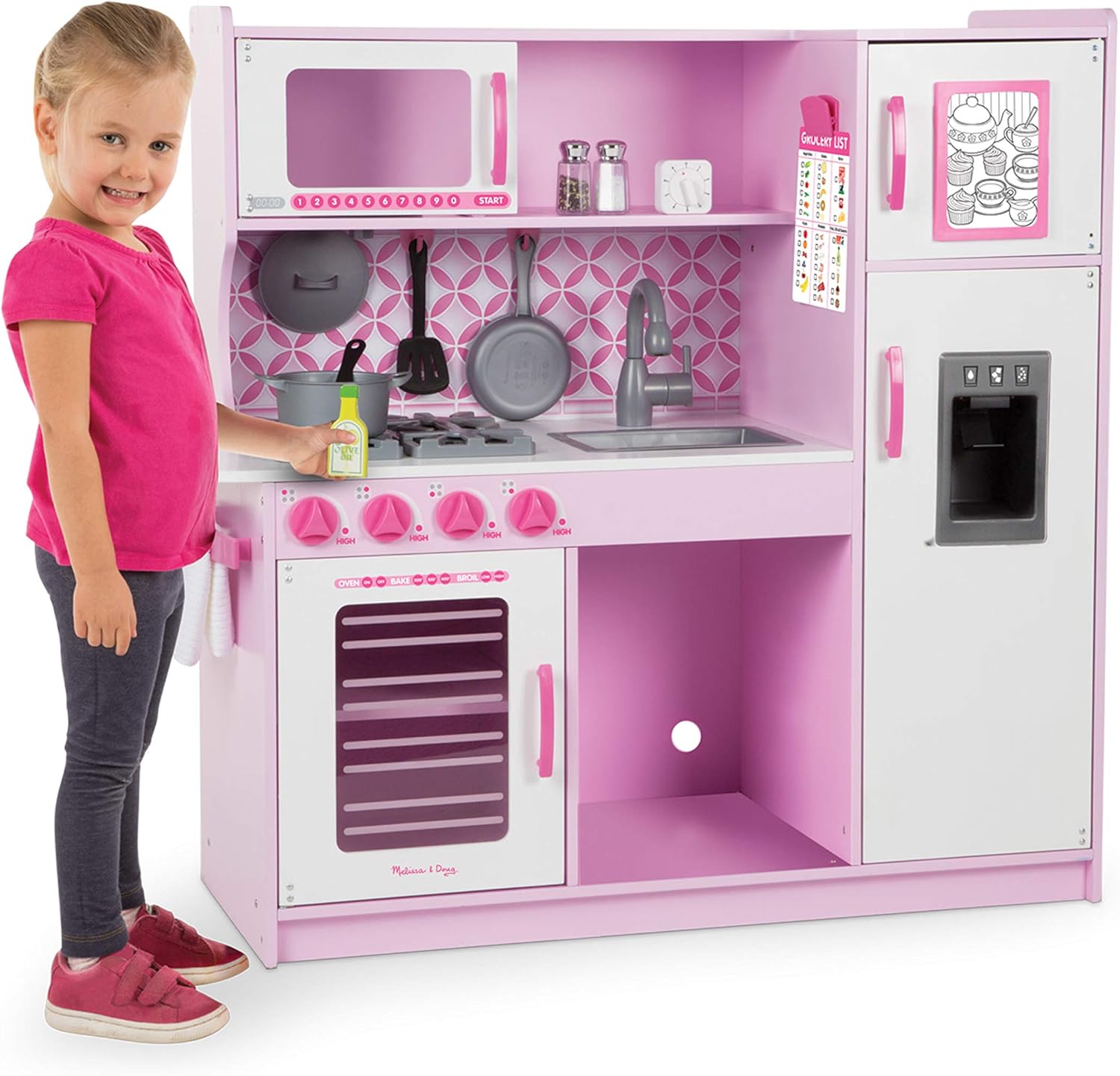 Wooden Chef’s Pretend Play Toy Kitchen With Ice Cube Dispenser Cupcake Pink/White W729