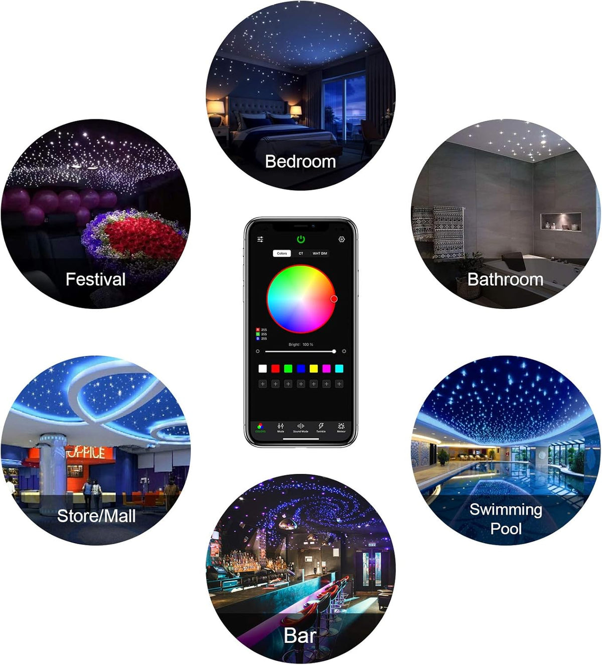 16W 450pcs 13.1ft RGBW Bluetooth LED Fiber Optic Star Ceiling Lights Kit with Adapter F344