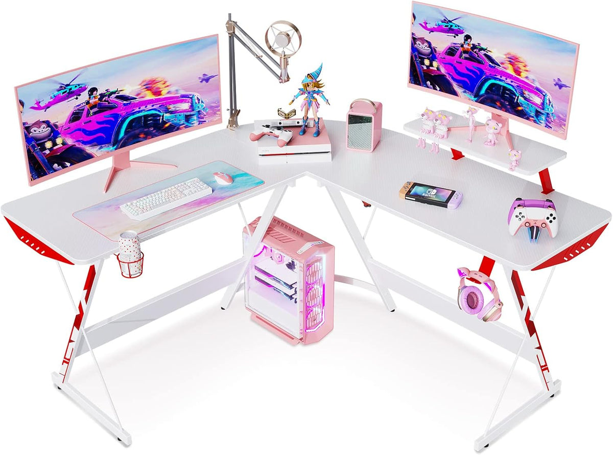 Black L Shaped Gaming Desk with Monitor Riser Stand U5420