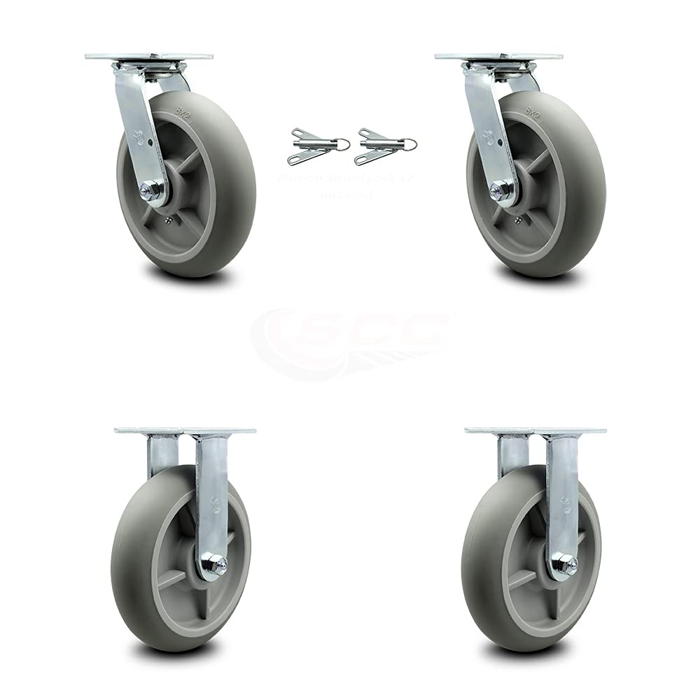 Housekeeping Cart Rigid Caster, 8 Inch Gray Non-Marking Thermoplastic Rubber Wheel, Pack of 2 B634