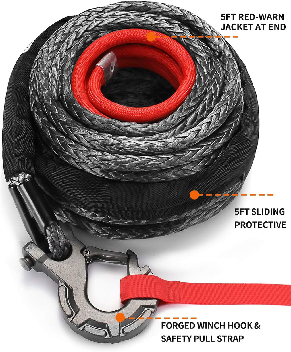 Synthetic Winch Rope Cable Kit with Protective Sleeve, Forged Winch Hook, Safety Pull Strap T631