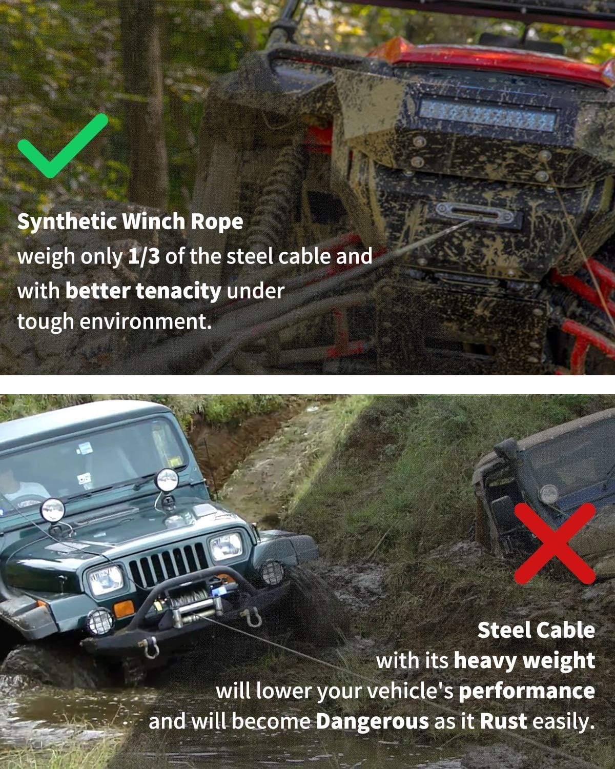 Synthetic Winch Rope Cable Kit with Protective Sleeve, Forged Winch Hook, Safety Pull Strap T631