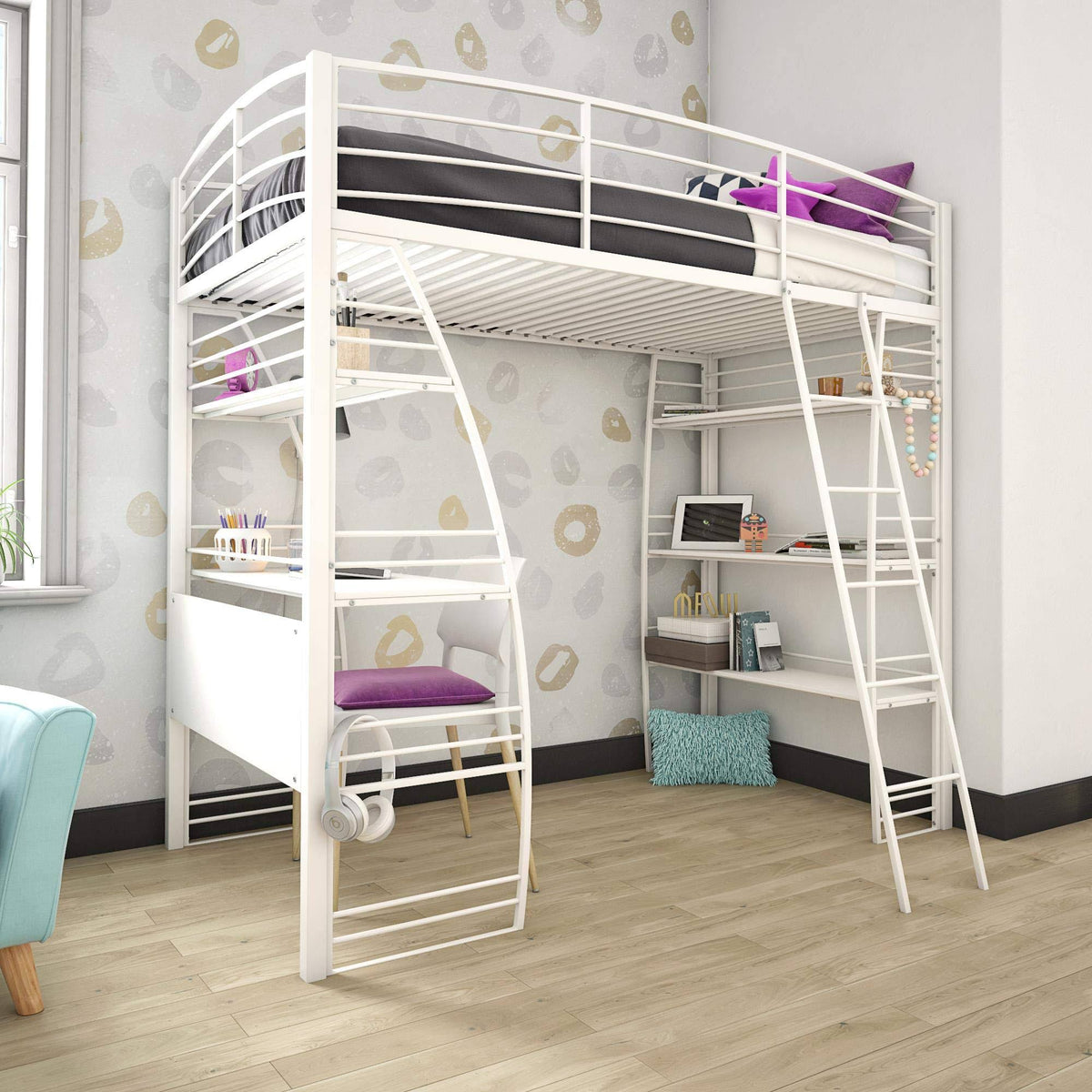 Twin Loft Bed with Integrated Desk and Shelves, White Y166634