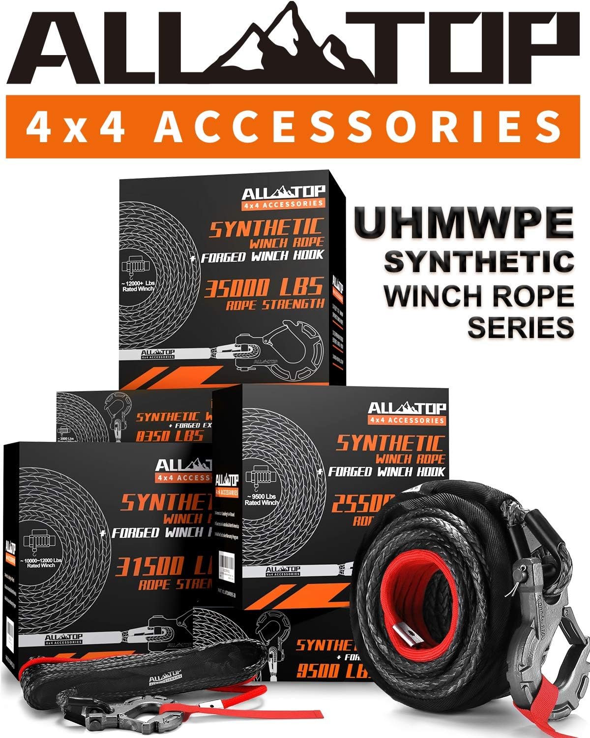 Synthetic Winch Rope Cable Kit with Protective Sleeve, Forged Winch Hook, Safety Pull Strap T631