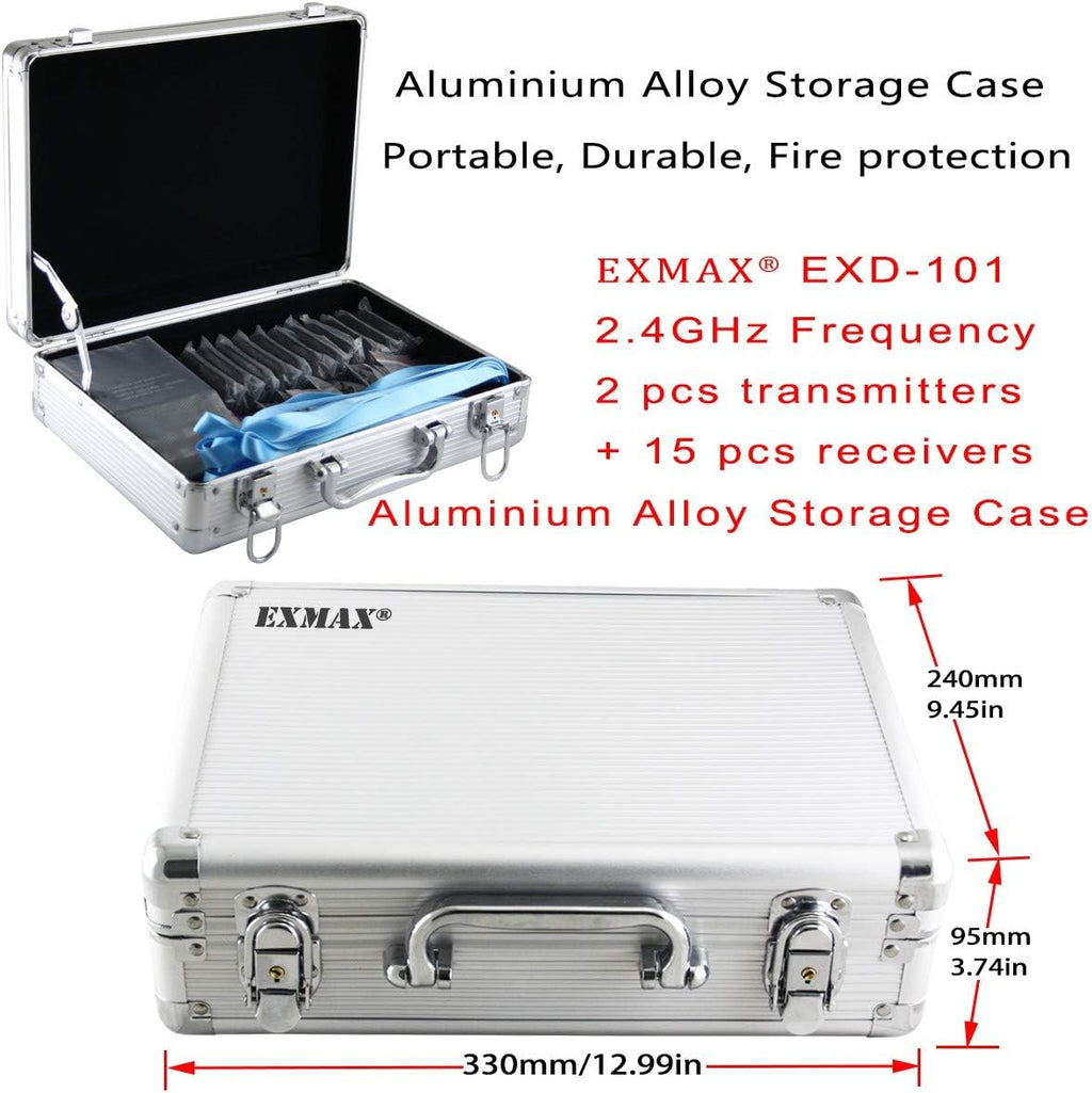 2.4GHz Wireless Audio Tour Guide System - 2 Transmitters 15 Receivers & Silver Storage Case A749262