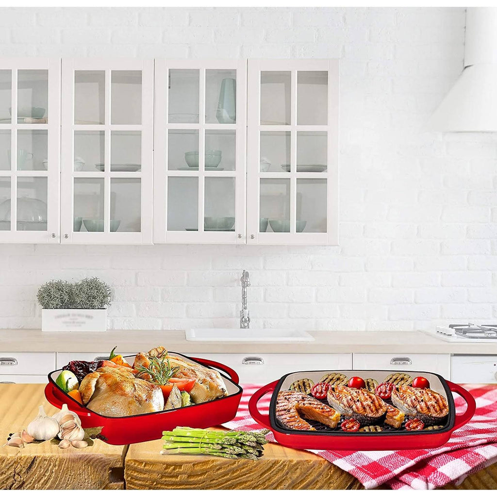 Fire Red Enameled Cast Iron Square Casserole Baking Pan with Griddle Lid H66149
