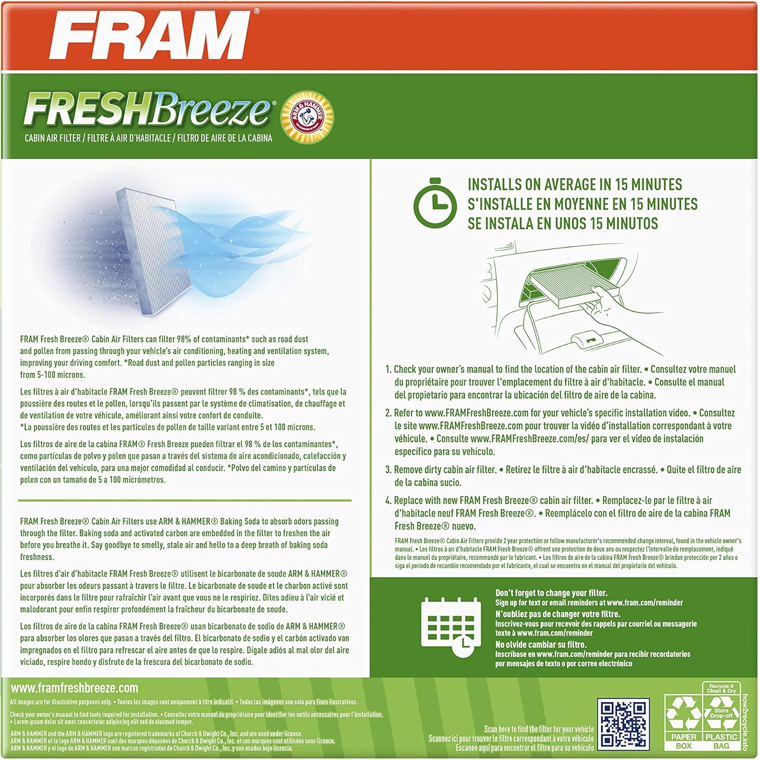 Fresh Breeze Cabin Air Filter with Arm & Hammer Baking Soda, Pack of 2 U79143