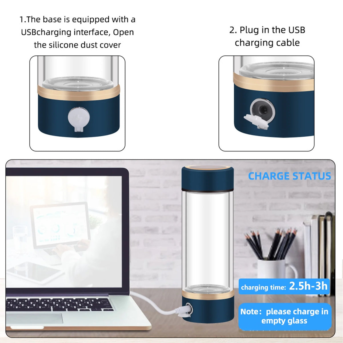 Portable Hydrogen-Rich Generator Bottle Glass Cup F1689