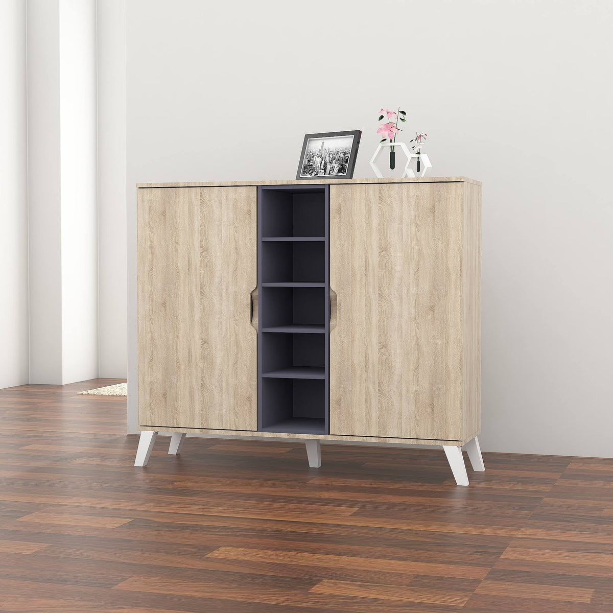 Oak and Grey Wood Storage Cabinet P98044