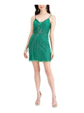Green Zippered Sheer Mesh Inset V-back Lined Sleeveless Sweetheart Neckline Mini Sheath Dress Y8295