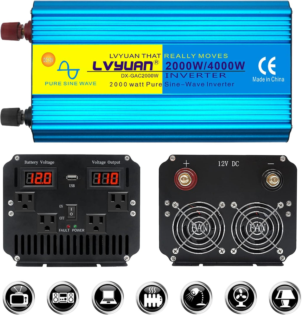 4000W Pure Sine Wave Power Inverter 12V DC to 110V 120V AC with 4 AC Outlets and 3.1A USB Port W651