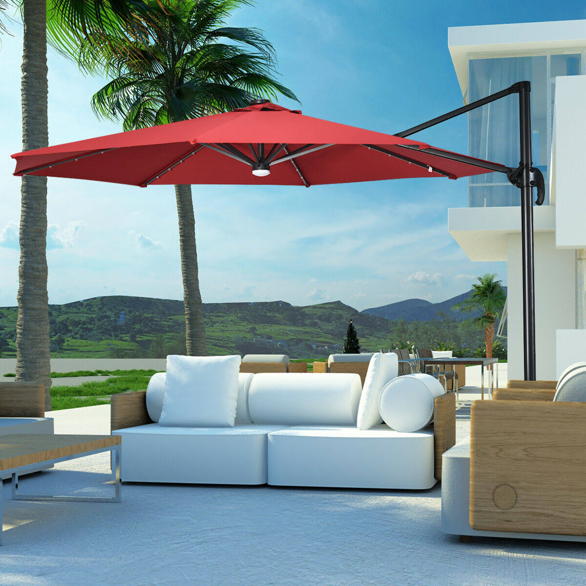 Wine Patio Offset Cantilever Umbrella with Solar Lights X19314