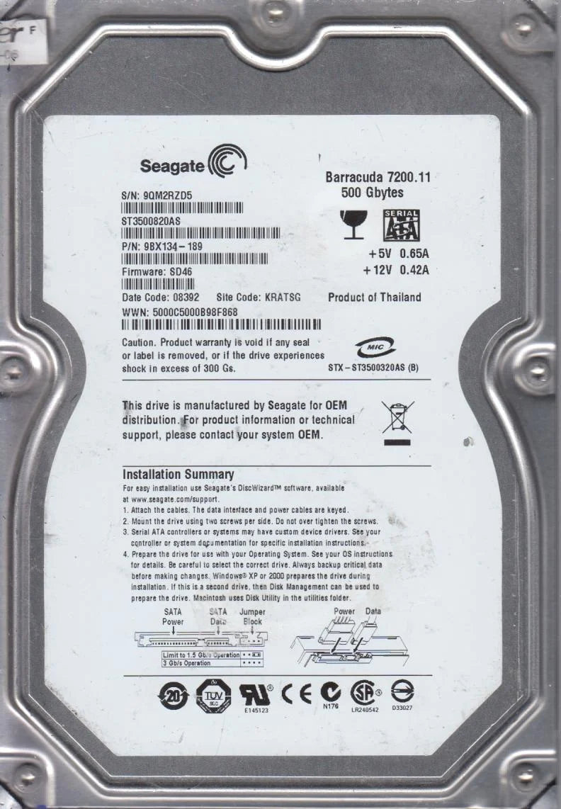 500GB SATA 3.5 Hard Drive E663769
