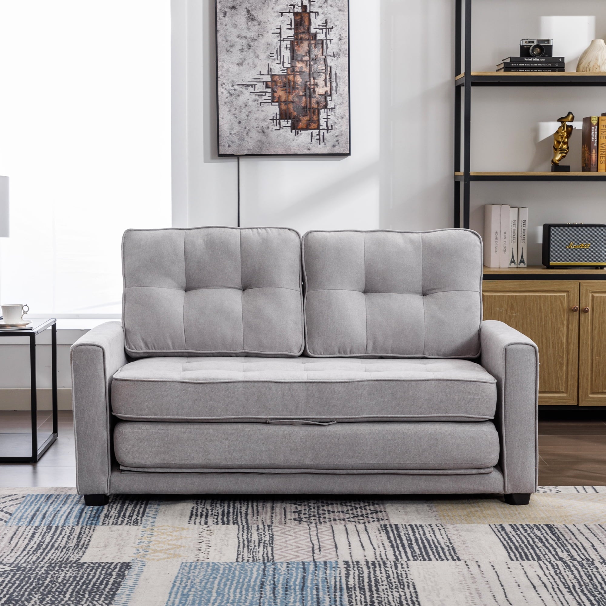 Grey Upholstered Loveseat Sofa with Pull-Out Bed B12129