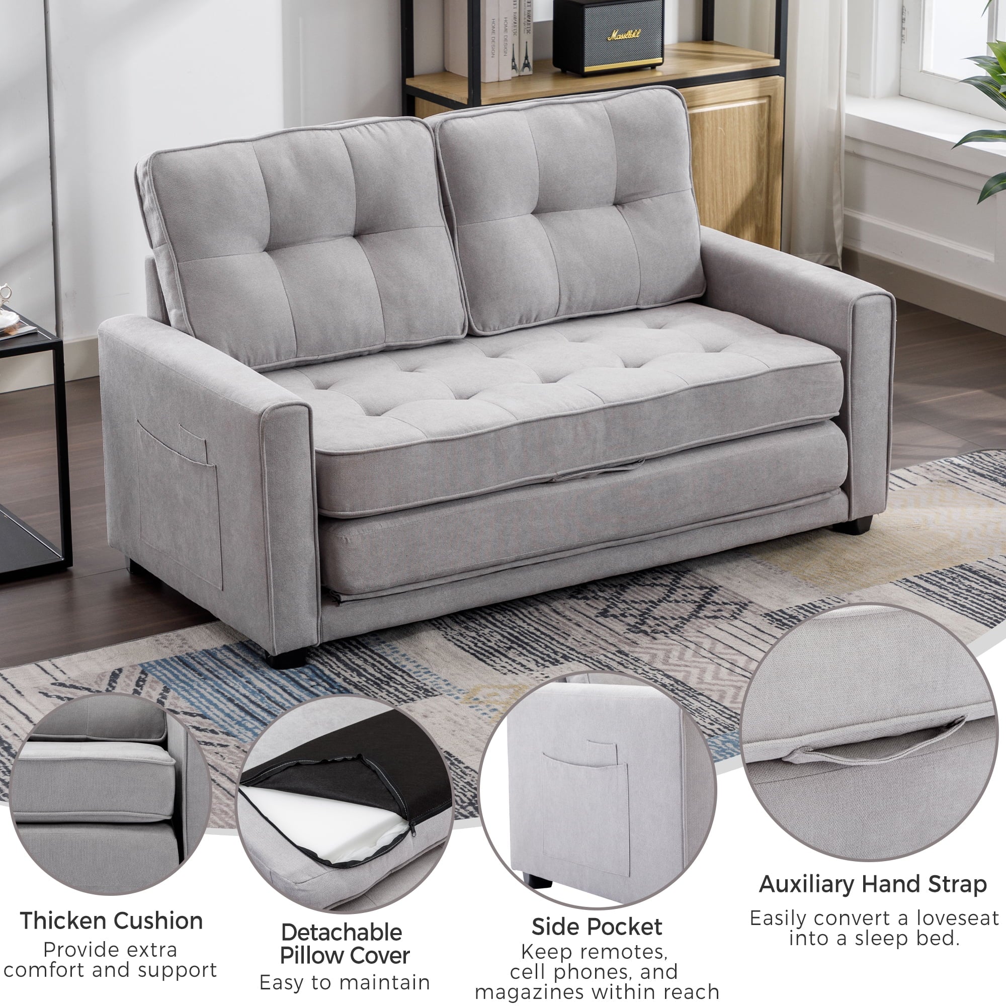 Grey Upholstered Loveseat Sofa with Pull-Out Bed B12129