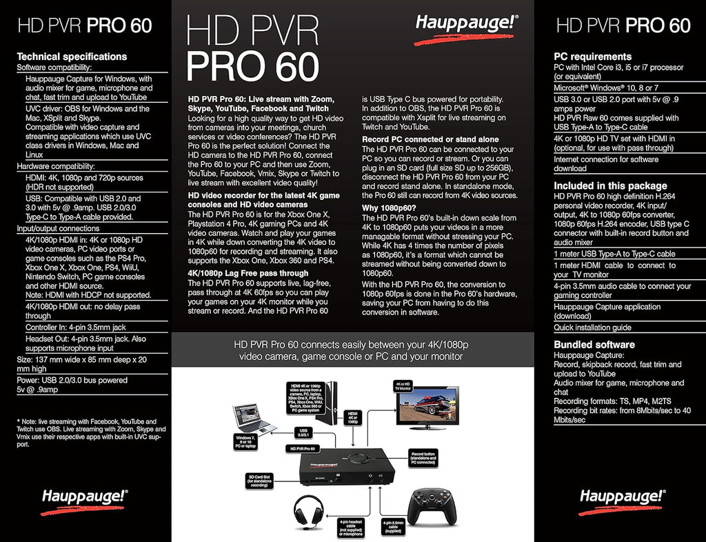 HAUPPAUGE HD PVR Pro 60 HD 4K in/Out 1080P 60fps Capture and Streaming PC Connected and Stand Alone P20270