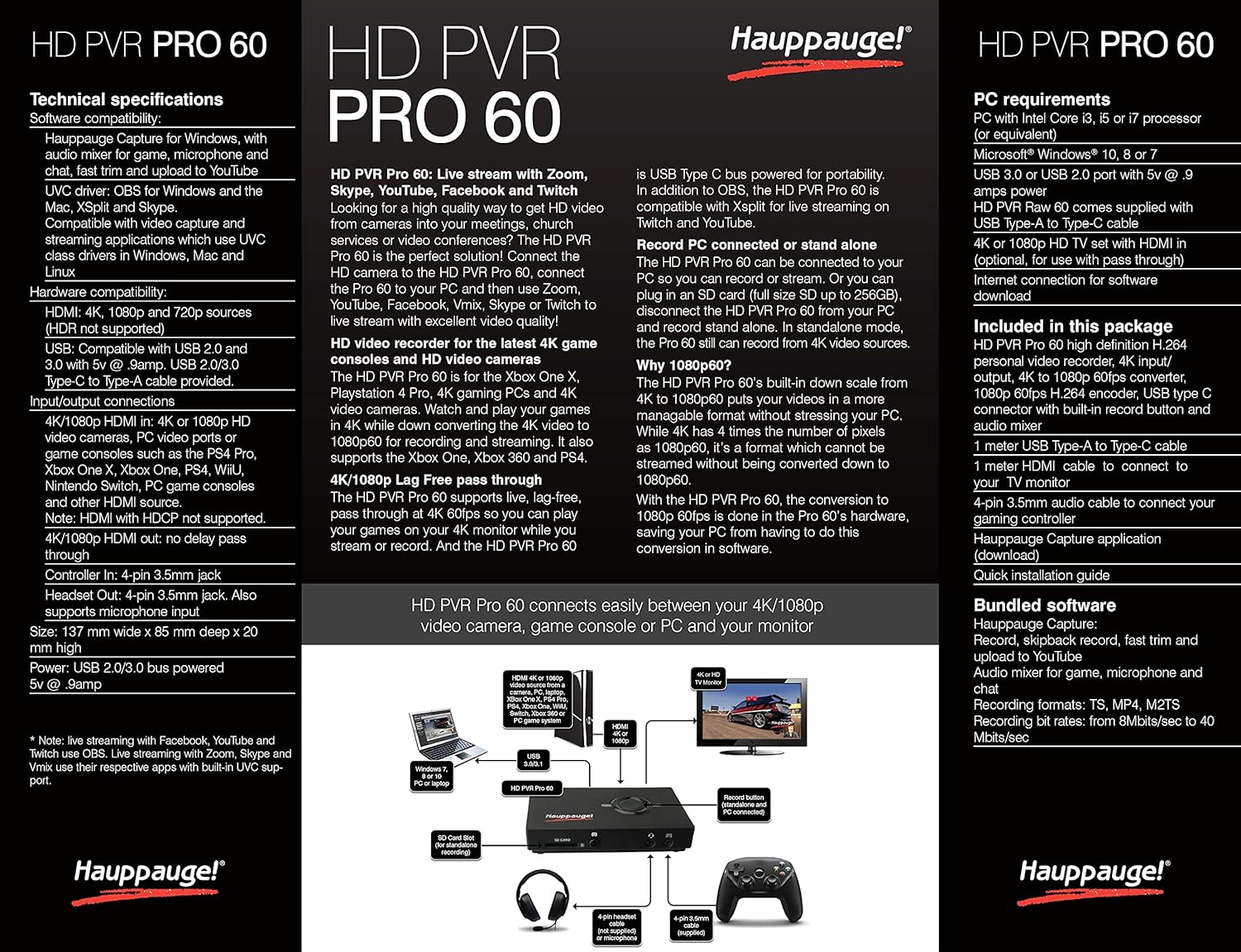 HAUPPAUGE HD PVR Pro 60 HD 4K in/Out 1080P 60fps Capture and Streaming PC Connected and Stand Alone P20270